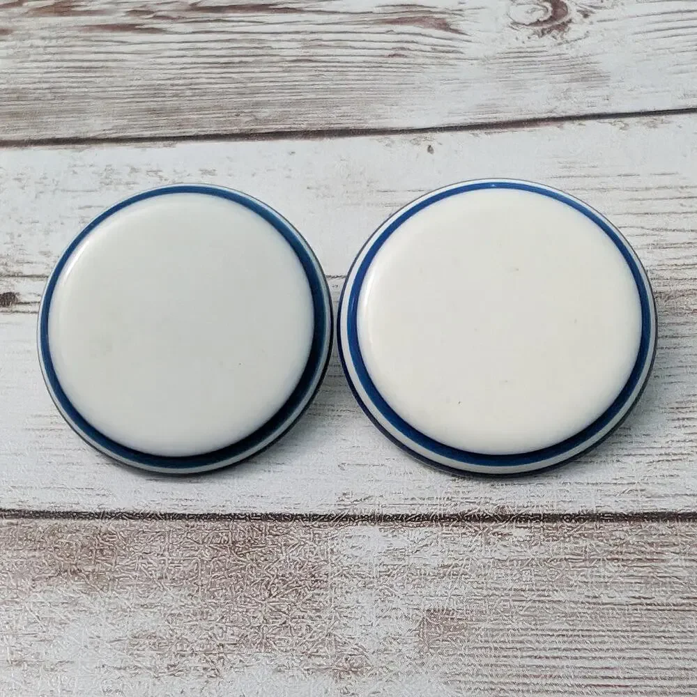 Vintage Clip On Earrings Large Cream & Blue Statement Circle